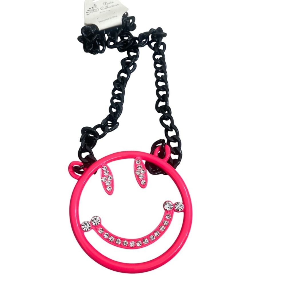 Paris Collection Neon Pink Smiley Face Rhinestone Black Chunky Chain Necklace
